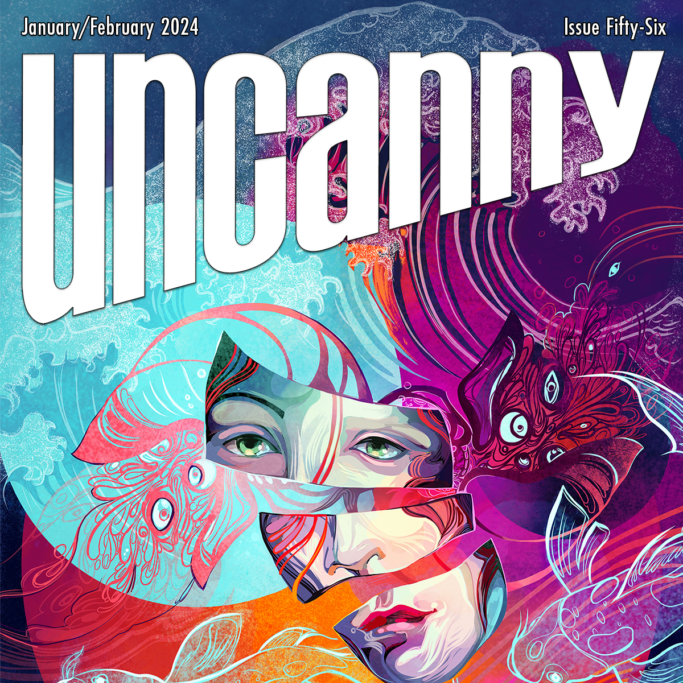 uncanny magazine cover of issue 56 with abstract fractured face surrounded by colorful waves and jellyfish